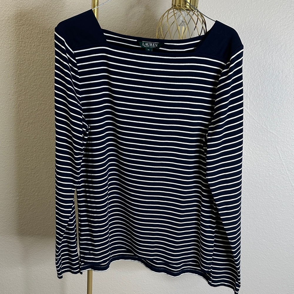 Ralph Lauren Striped Long Sleeve Top in Navy and White